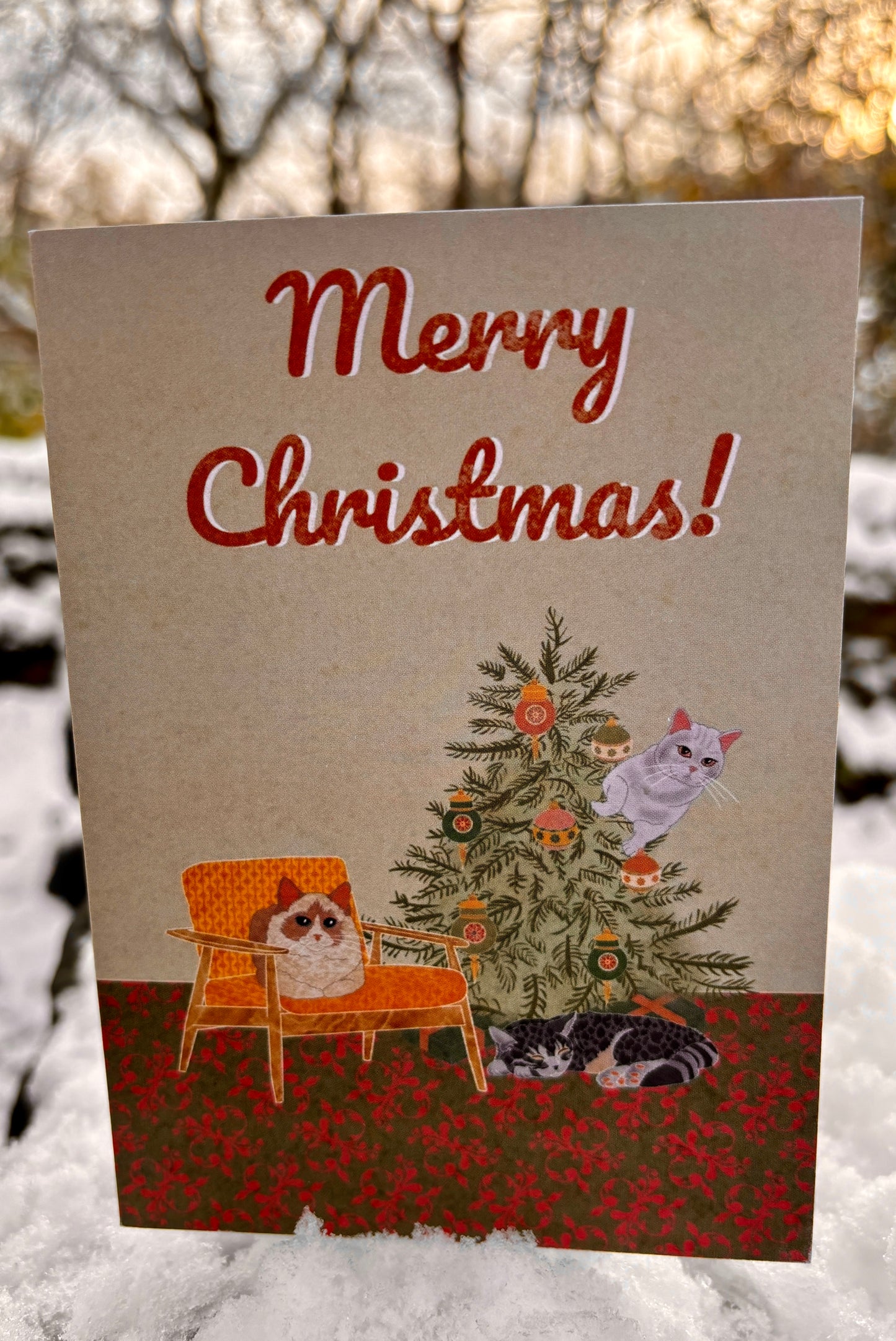 Retro Christmas Cards (Pack of 5) | Cats and Christmas Tree