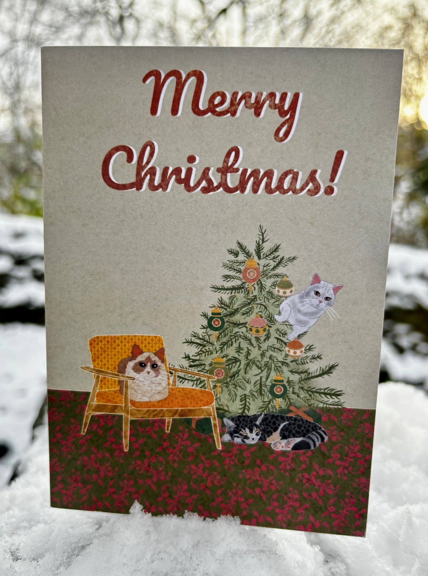 Retro Christmas Cards (Pack of 5) | Cats and Christmas Tree