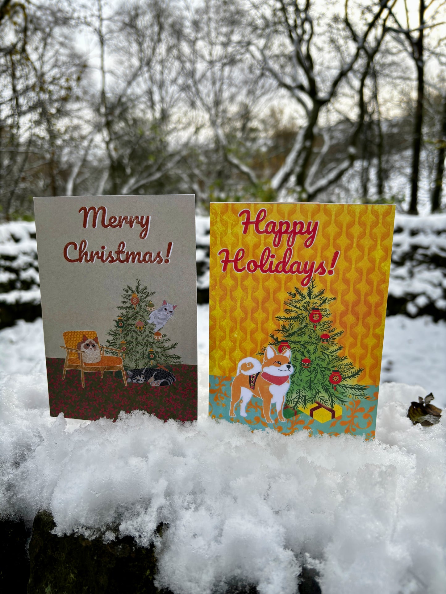 Retro Christmas Cards (Pack of 5) | Cats and Christmas Tree